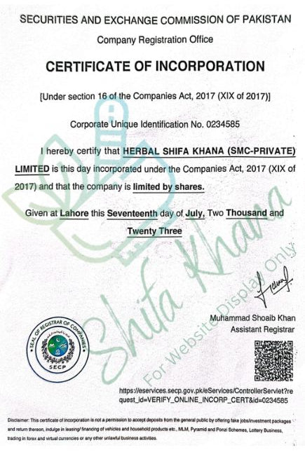 Certificate of Incorporation for Herbal Shifa Khana Limited issued by the Securities and Exchange Commission of Pakistan.